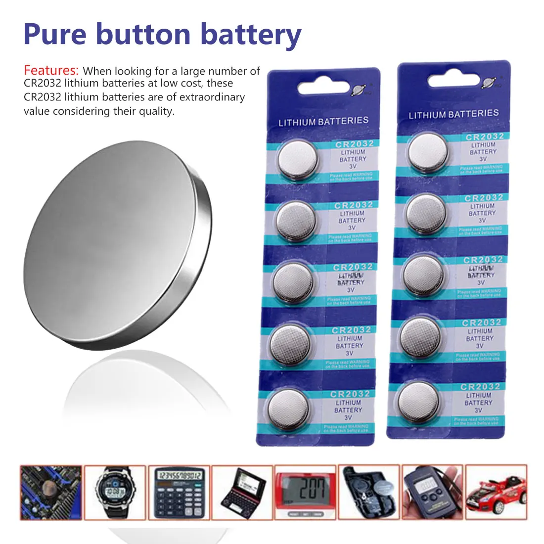 

10pcs CR2032 battery 3V Lithium Button Cell Coin Batteries for Watch Computer Toy Scale Thermometer LED Night light