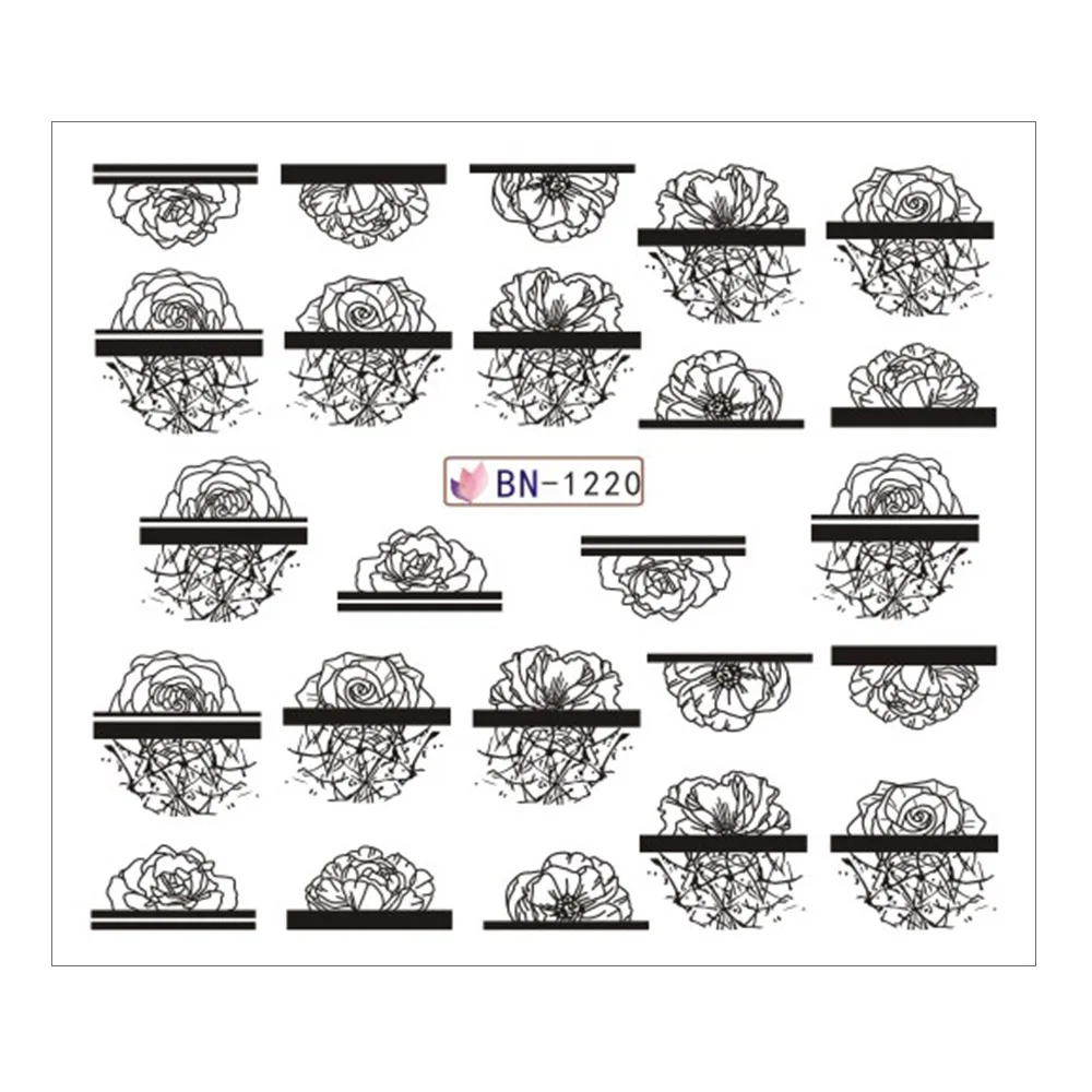 1 шт., черно-белые кружевные наклейки с цветами для ногтей, растения, Зеленый лист, водная слайдер, переводная татуировка, украшения для ногтей, BEBN1213-1224-1 - Цвет: BN1220