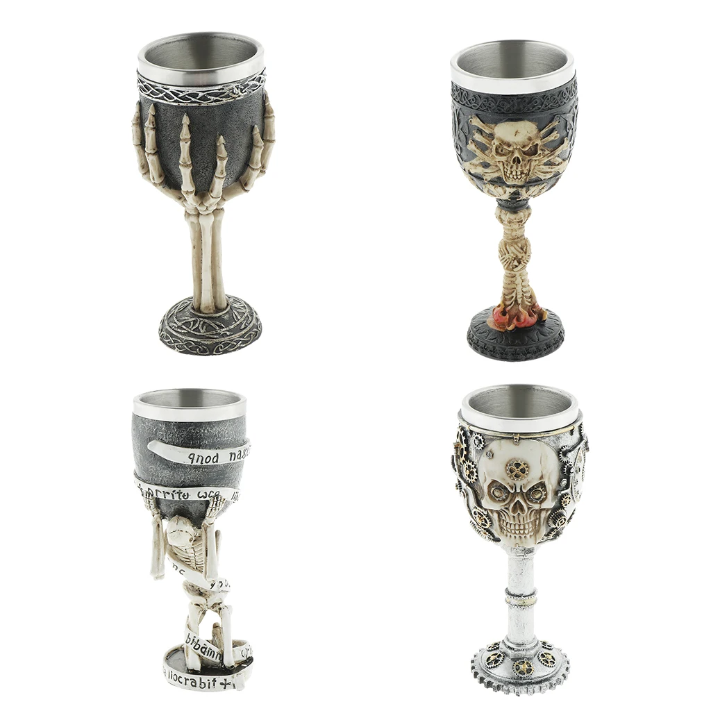 3D Gothic Skull Cup Stainless Steel Resin Skeleton Design for Bar Party Home Wine Goblet Cups Decor Crafts