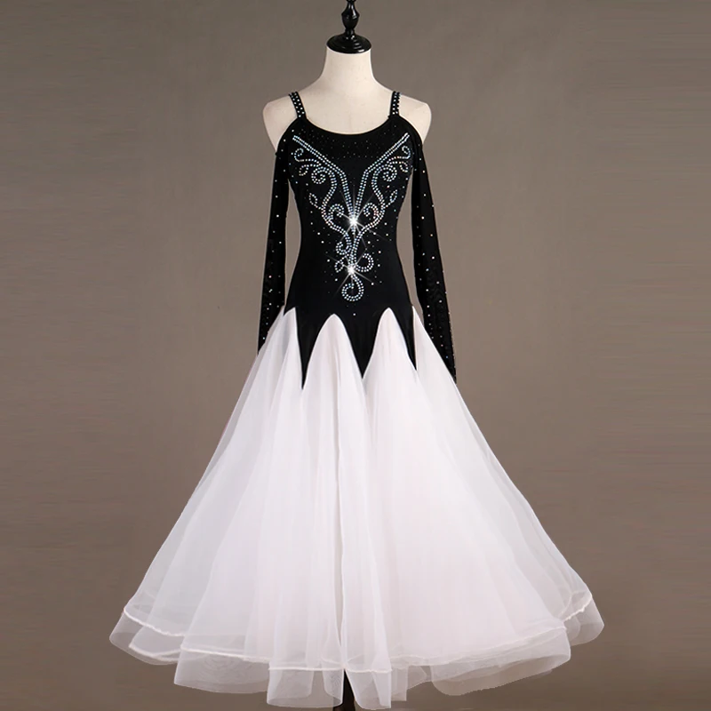 

Ballroom Dance Dress Sparkly Diamond Black Long Sleeve White And Purple Lace Hem Skirt Women/Female/Ladies Waltz Dress DQL251