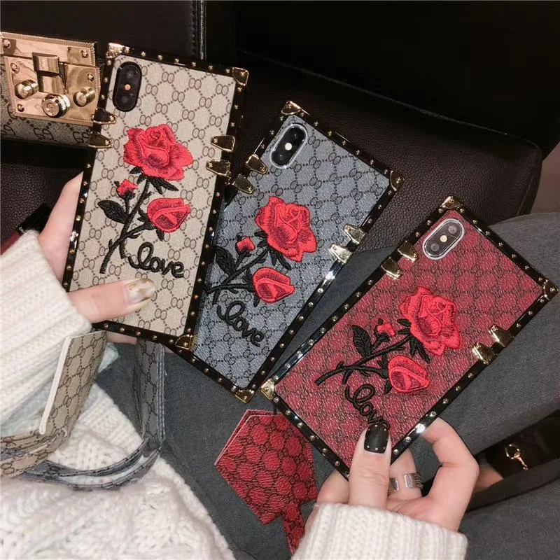 

Luxury Brand Square Lattice Embroider 3D Rose Soft Back Cover Coque Phone Case For iphone 6 6S 7 8 Plus X XS XR MAX With Lanyard