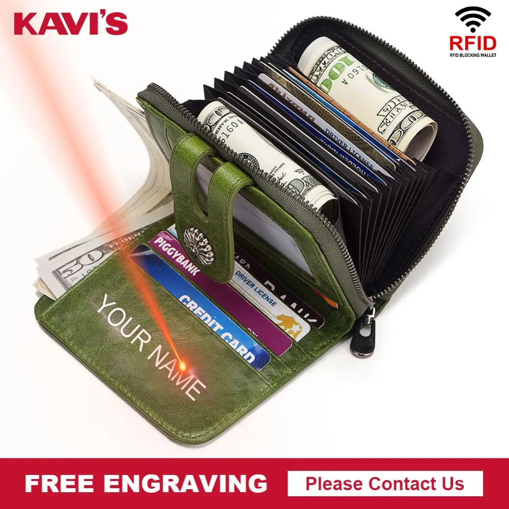 

KAVIS Free Engraving Genuine Leather Card Holder Women Wallet Female Green Color Coin Purse Small Multifunction Portomonee Bag