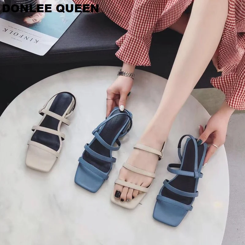 

DONLEE QUEEN Ankle Wrap Sandals For Women Flat Casual Shoes Slip On Back Strap Sandal Low Heel Leisure New Summer Solid Sandals