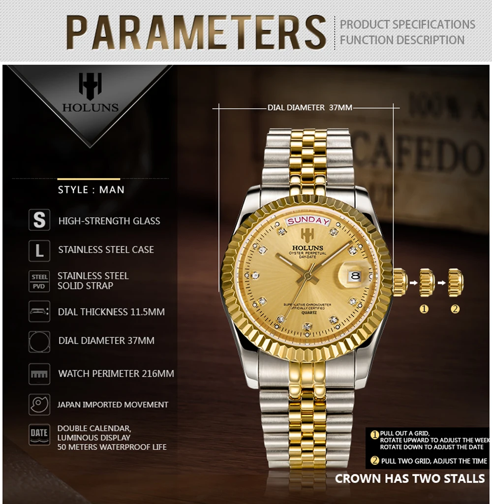 Holuns мужские часы лучший бренд класса люкс золотые бриллиантовые мужские наручные часы кварцевые бизнес полный стальной классический календарь Relogio Masculino