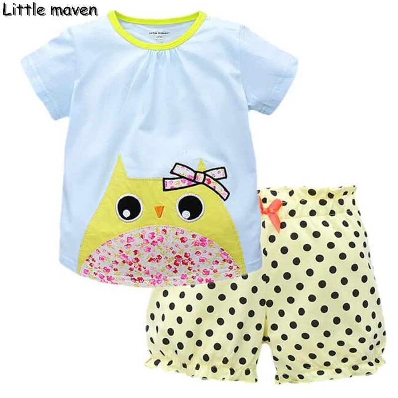 

Little maven brand children clothing summer baby girls clothes cotton owl print t shirt + dot trousers children's sets 62005