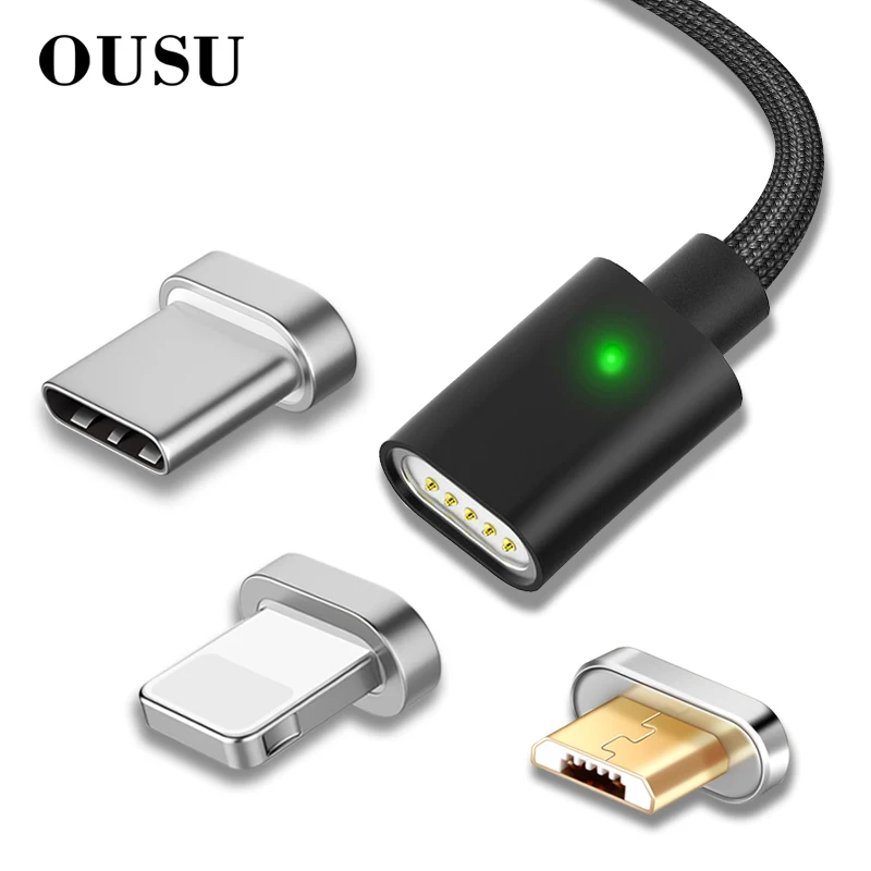 

OUSU 2.4A Fast Charging 3 in 1 Magnetic Cable For iphone Lightning Cable USB Type C cabel For samsung s10 9 8 Magnetic Micro USB