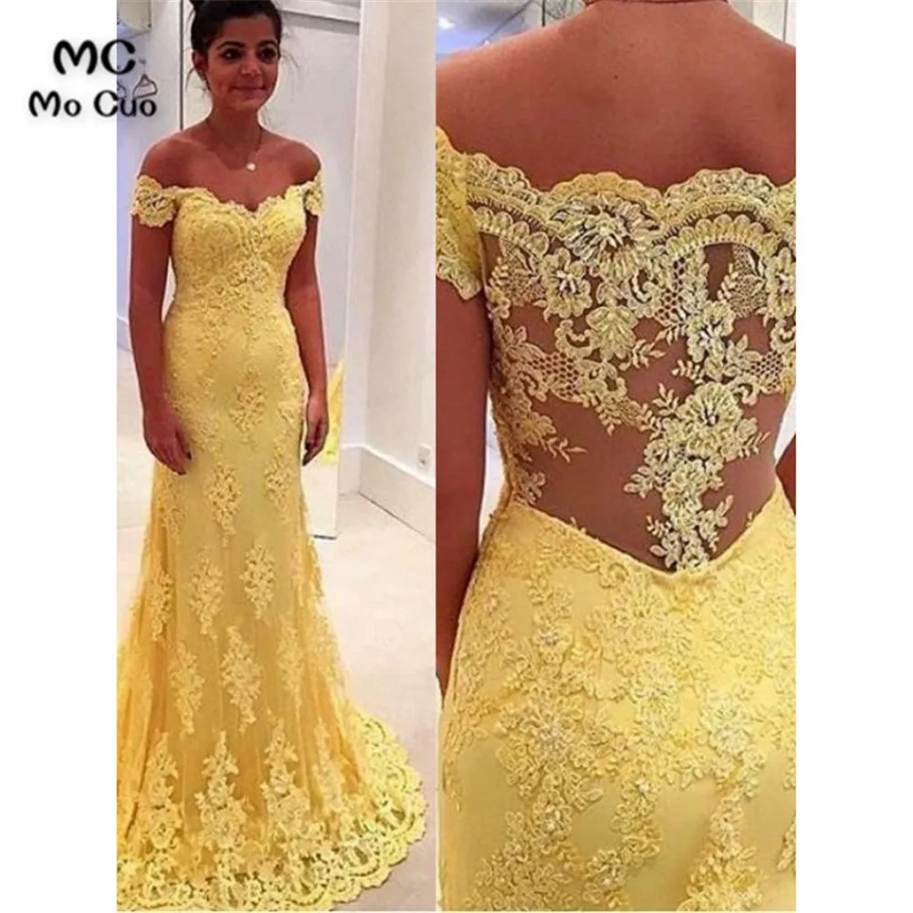 

Mermaid Off Shoulder Evening Dresses Long with Lace Short Sleeve Sweep Train Prom Gown Evening Party Dress for Women
