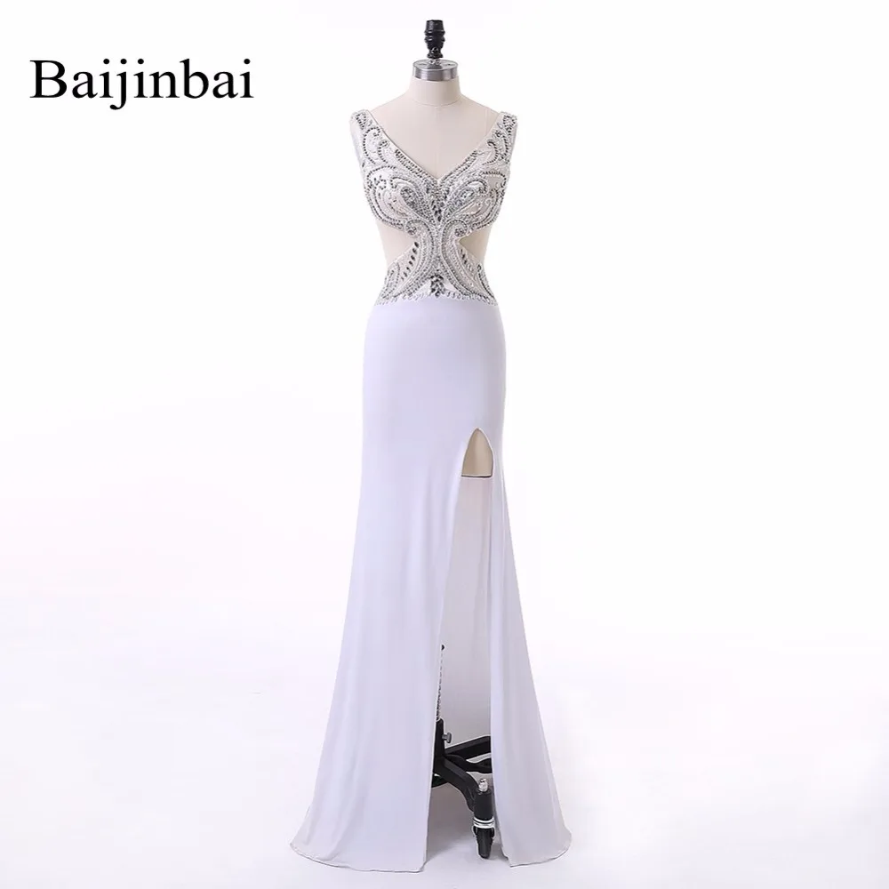 Baijinbai New Style Abendkleider Mermaid White Party Prom Dresses 2019 Floor-Length Chiffon V Neck Luxury Beads Crystals 530 | Свадьбы и