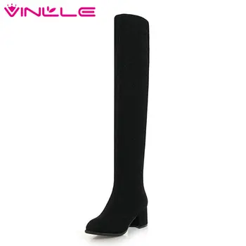 

VINLLE 2020 Shoes Women Pointed Toe Over The Knee Boots High Heel Slip On Platform Black Ladies Motorcycle Shoes Size 34-43
