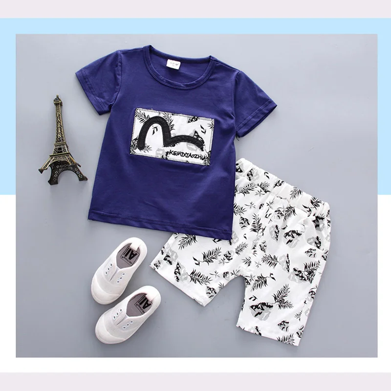 Комплекты одежды для маленьких мальчиков и девочек с растительным принтом, детская одежда для мальчиков и девочек, модная футболка+ штаны, детский летний костюм из 2 предметов для малышей - Цвет: Фиолетовый