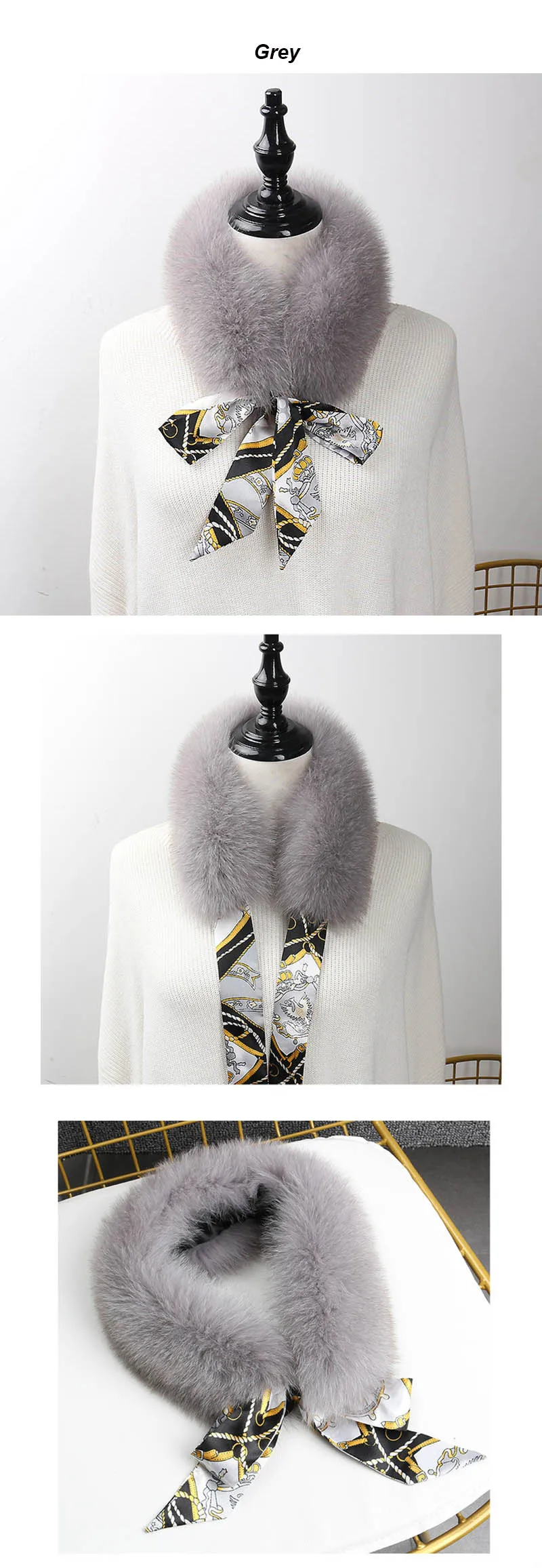 fox fur scarf with ribbon light grey