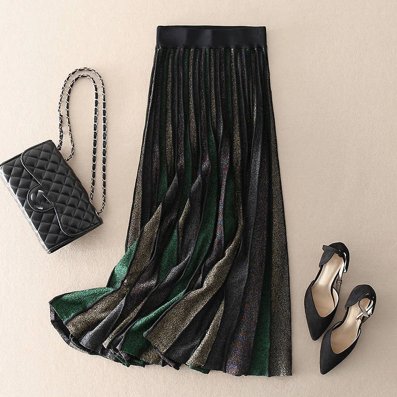 

2019 New Autumn Winter Women Casual Elastic High Waist Patchwork Striped Pleated Kintted Skirt Female Vintage A-line Skirts R33
