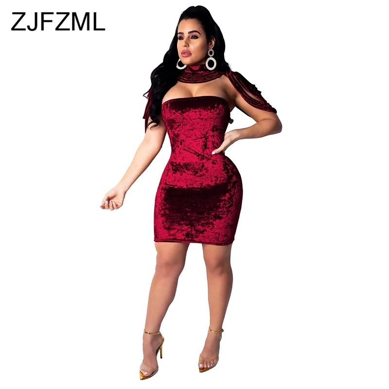 

Cloak Sleeve Vintage Velvet Dress 2019 Women High Necked Off Shoulder Sheath Velour Dress Elegant Ladies Open Back Party Dress