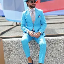 Портной, небесно-голубой смокинг для жениха, для пляжа, свадьбы, 2 предмета, приталенный мужской костюм жениха на выпускной, костюм, Блейзер, masculino