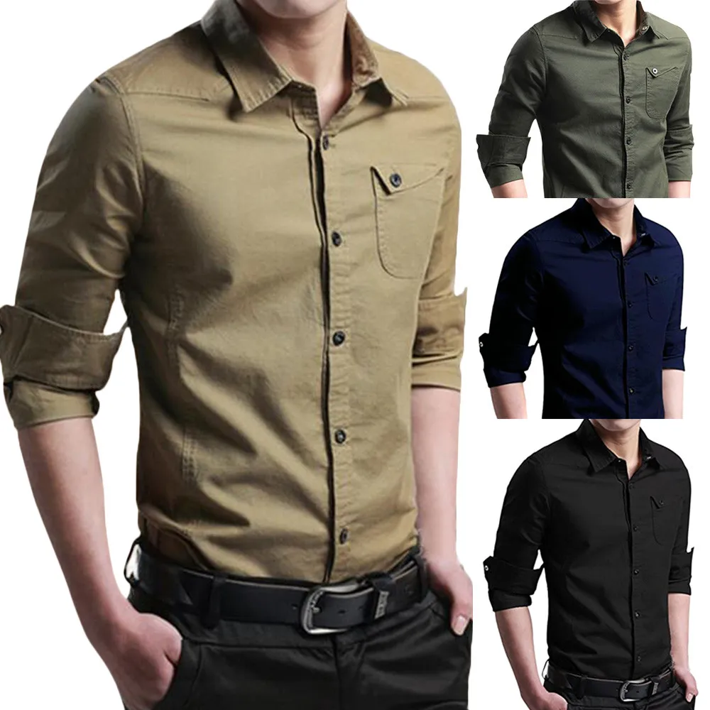 

Mens Autumn Casual Military Cargo Slim Button Long Sleeve Dress Shirts Drop Shipping 0727