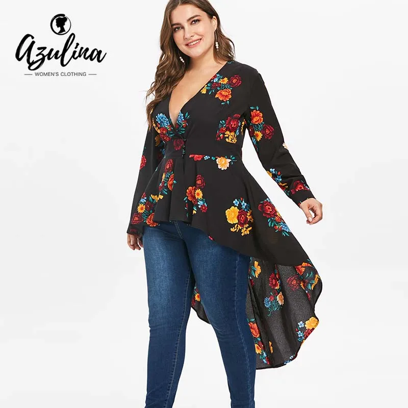 AZULINA Plus Size Sexy V Neck High Low Floral Maxi Blouse Autumn Long Sleeve Asymmetrical Blouses Casual Shirt Women Tops Blusas