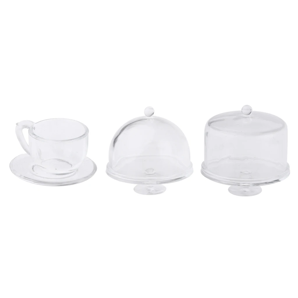 3pcs 1:12 Mini Acrylic Cake Display Plate with Cover Creative Decoration for Wedding Birthday Party