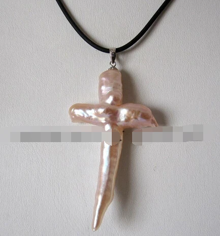 shitou 001114 17 Peach Pink Cross Pendant Freshwater Pearl Necklace Black Rope (A0327) | Украшения и аксессуары