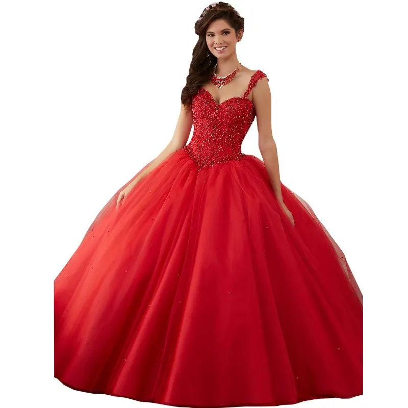 2017 Pas Cher Rouge Quinceanera Robes Avec Bretelles robe de Bal Corset