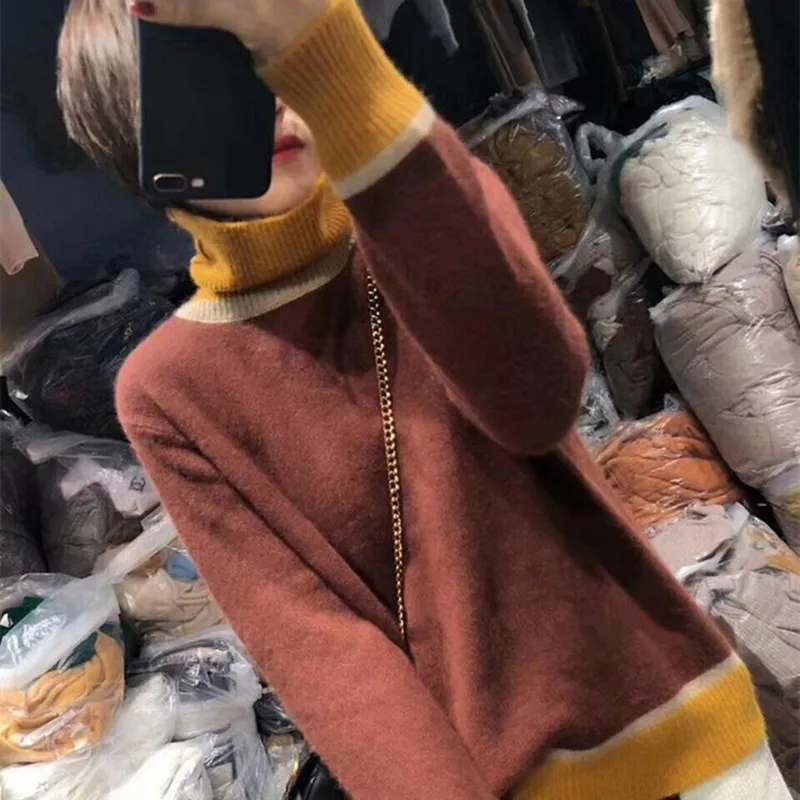 LHZSYY Autumn New Women's Cashmere Sweater Fashion High Collar Color matching Quality Pullover Winter Knit Short Female Sweater LHZSYY Autumn New Women's Cashmere Sweater Fashion High Collar Color matching Quality Pullover Winter Knit Short Female Sweater
