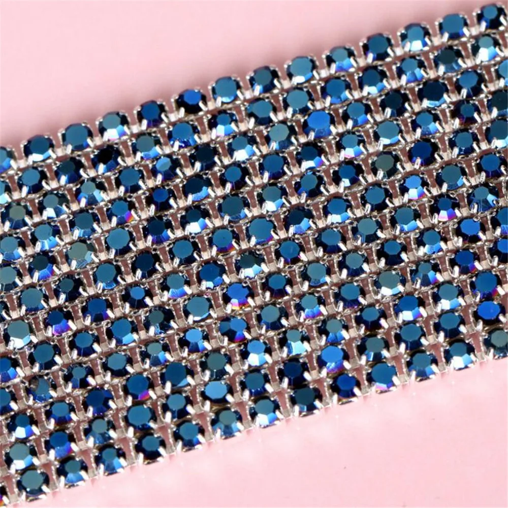 

10Yards Bling Navy Blue AB DIY Rhinestone Chain Silver Hand Craft Base Claw Crystal Rhinestone Chain Clothing Art Decoration