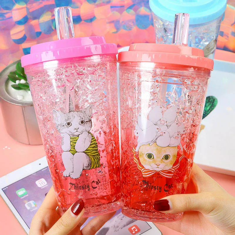 

Creative cartoon cat ice cup summer broken ice cup double bag straw suction cup