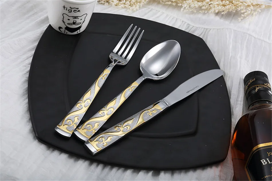 Luxury Flower Dinnerware Set Stainless Steel Cutlery Set Bronzing Silver Knife Fork Tableware European Western Food Set 4 Pcs (5)