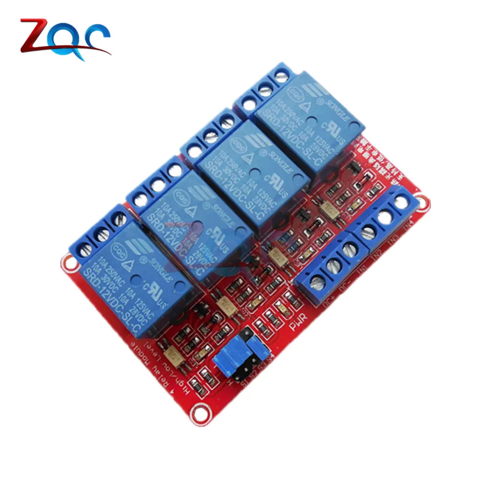 DC 12V 4 Channel Relay Module with Optocoupler For Arduino PIC/AVR/51/ARM High and Low Level Trigger