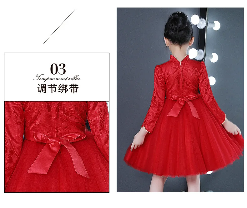 Детские платья принцессы на день рождения, свадьбу, вечеринку, красное кружевное платье с цветочным узором для девочек, китайское платье