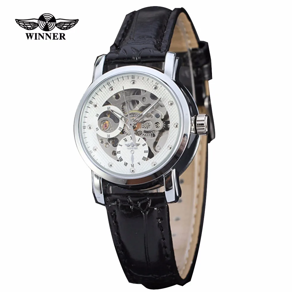 Winner Лидирующий бренд женские часы модные часы со скелетом циферблат кожаный ремешок женские Автоматические механические часы женские relogio femilino