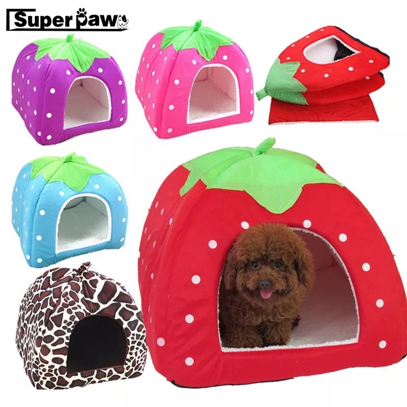 

Soft Strawberry Leopard Pet Dog Cat House Tent Kennel Foldable Puppy Winter Warm Cushion Basket Animal Bed Cave Product YXB01