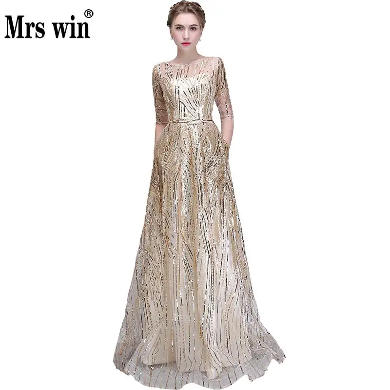 

2018 New Long Elegant Evening Dresses Sexy Half Sleeve Illusion Luxury Sequins A-line Noble Banquet Party Prom Robe De Soiree X