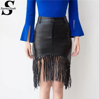 

SunnyYeah Tassel PU Leather Midi Skirt Women Autumn Winter Black Pencil Skirts Female High Waist Ladies Sexy Skirt Plus Size