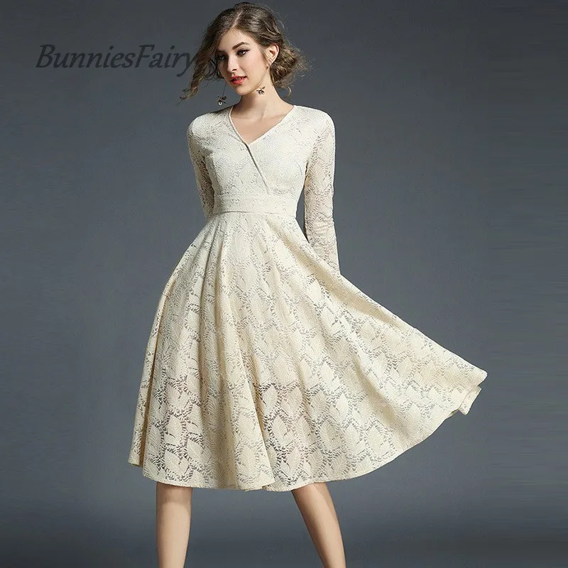 

BunniesFairy 2017 Autumn and Winter V Neck High End Lace Hollow Out Women Elegant Dress High Waist Vintage Vestidos de Fiesta