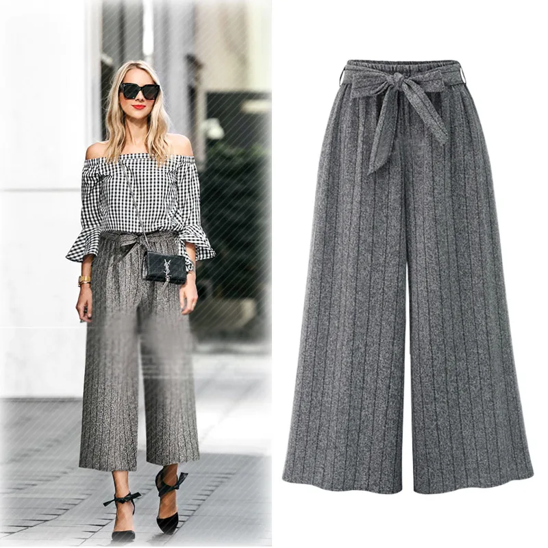 

2018 Autumn Winter New Style Stripe Lace-up/Ties/Tied Loose Pants Elastics Fashion High-waisted Trousers Plus Size