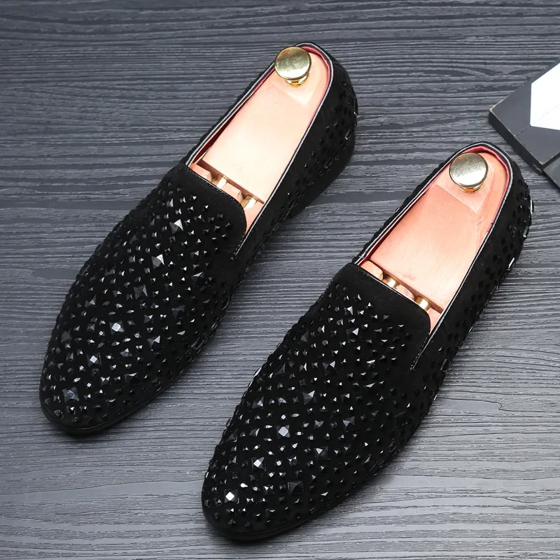 Britânica Marca Strass Diamante Moda Apartamentos Sapatos Preto Masculinos Couro Vestido Respirável Da Negro Festa Luxo Homens Mocassins De wqfAfCF