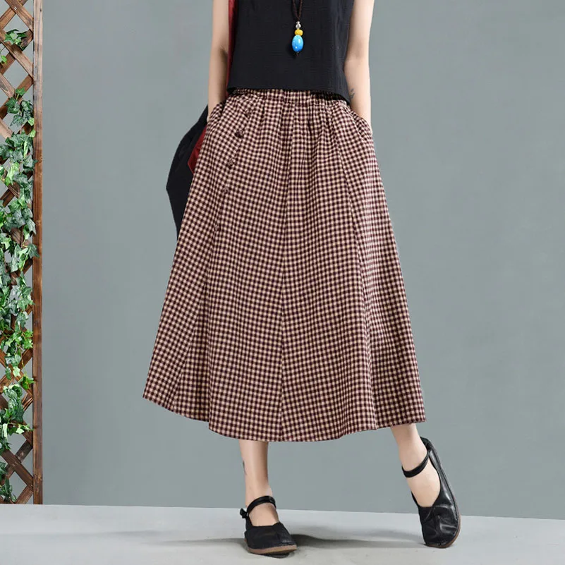 

QPFJQD Casual Plaid Long Skirts For Women Linen Button Ladies Spring Autumn A-Line Elastic Waist Flare Skirts Female Bottoms