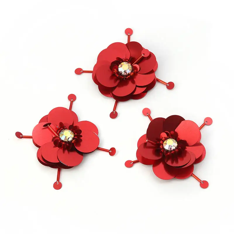 

2PCs Plastic Cotton Appliqued Patches AB Color Red White Rhinestone Bead Sequined Flower Garment Accessory 6.9*6.9 cm 4.6*4.9 cm