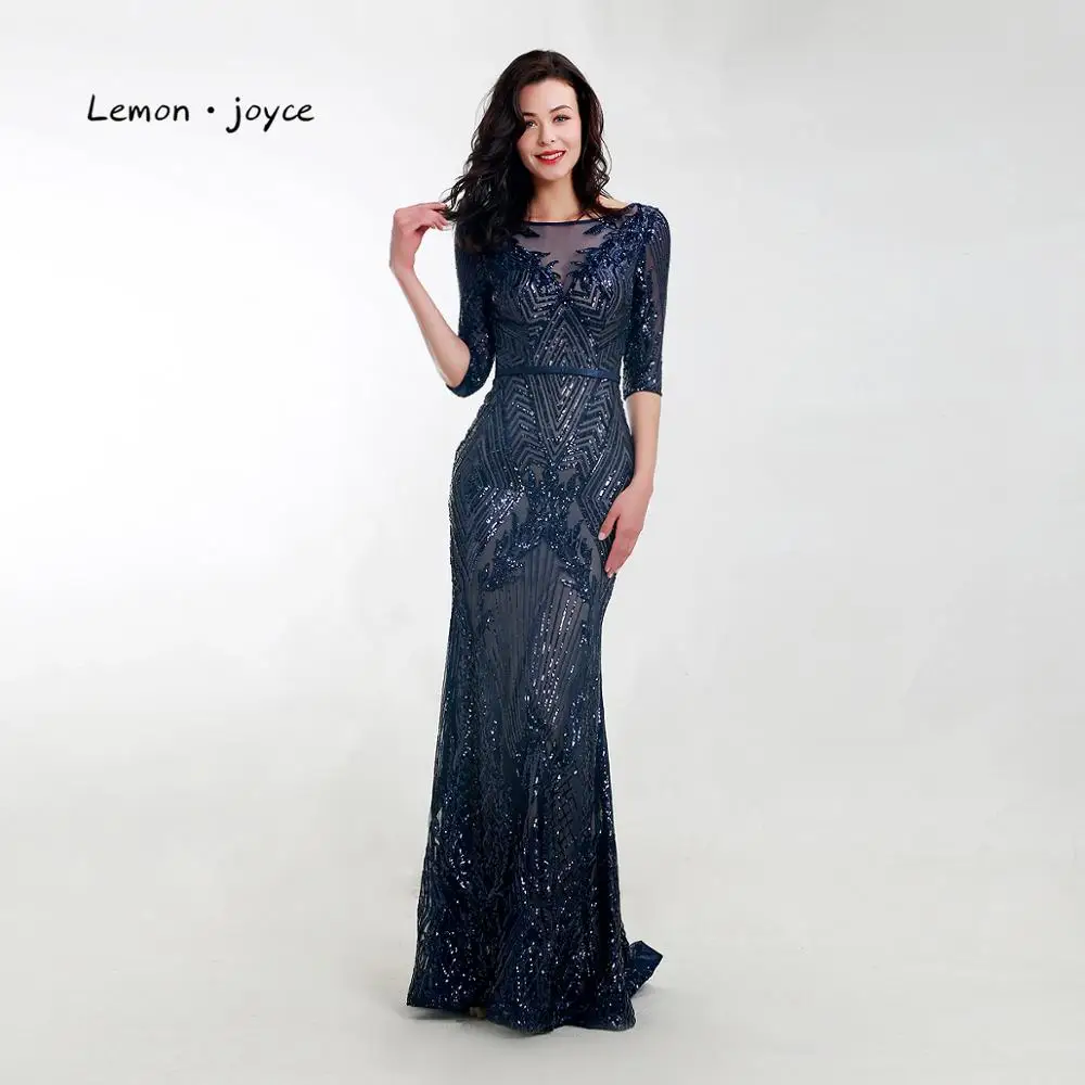 

Lemon joyce Formal Evening Dresses Long 2019 Dark Blue Sequin Illusion Mermaid Party Prom Gowns Plus Size robe de soiree