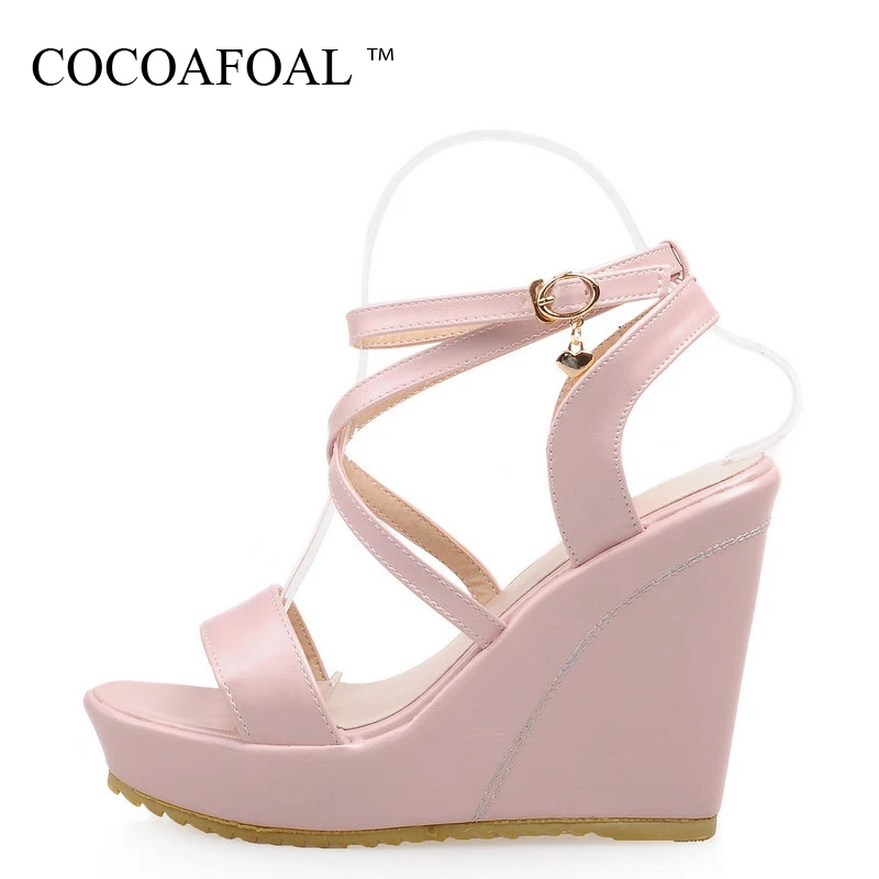 

COCOAFOAL Women Blue Wedges Sandals Casual Plus Size 33 - 43 High Heels Sandals Sexy Platform Peep Toe Summer White Pink Pumps