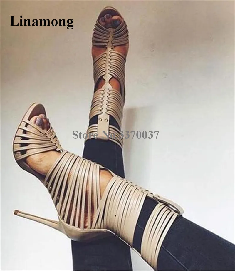

Women New Design Fashion Open Toe Stiletto Heel Platform Short Gladiator Boots Thin Straps Cross High Heel Ankle Booties