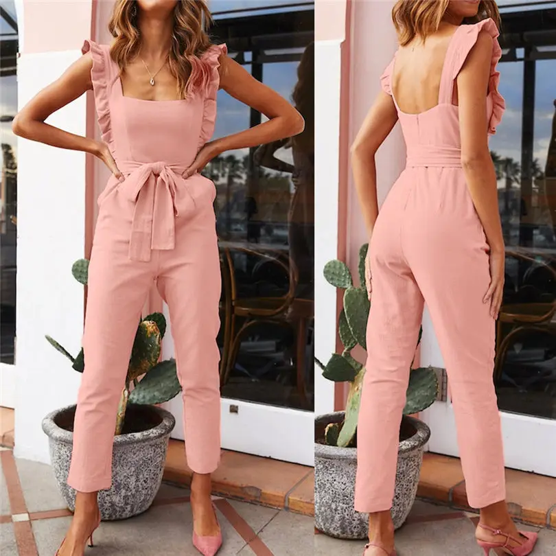 New Women's Summer Fashion Casual Linen Shirred Frill Sleeves Pockets Jumpsuit Ladies Belted Summer Holiday #4A25 (6)