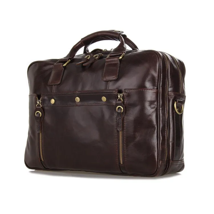 Vintage Men s Bag Genuine Leather Briefcase Men Messenger Bags Coffee Color Cowhide Portfolio 14 Laptop