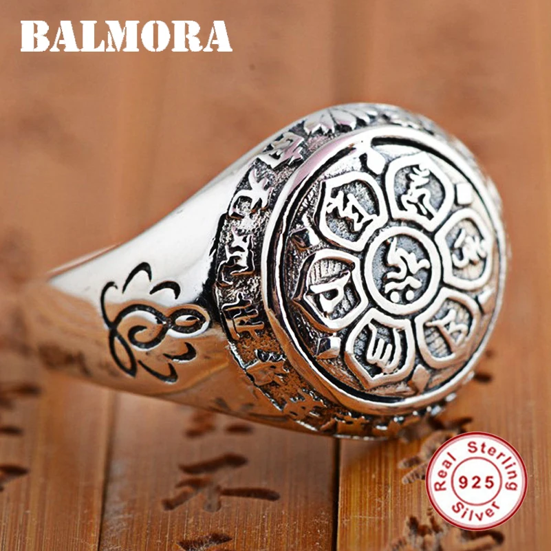 BALMORA Vintage 100% Real 925 Sterling Silver Jewelry Buddhistic Six Words’ Mantra Rings for Women Men Lovers Gifts SY20992
