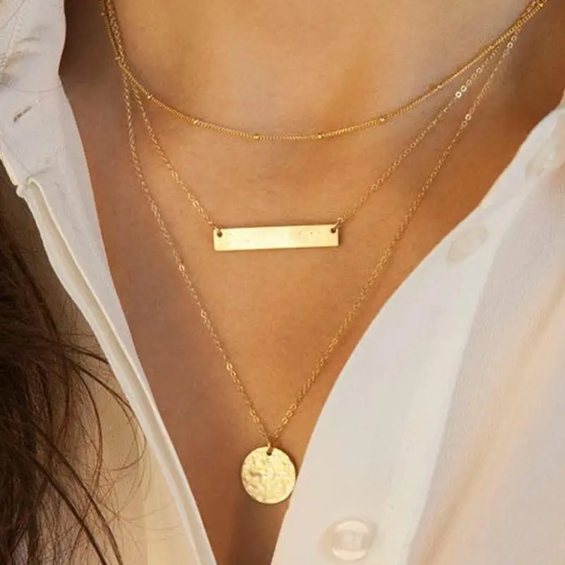New Design Three Layer Chains Pendant Choker Geometric metal sequins multilayer short chain necklace  free Shipping