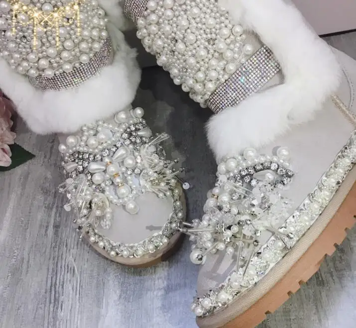 Rhinestones Dulce A Conejo Trabajo Grueso Piel Nieve Pesado De Aumento Interior Botas Mano Beige Perla Hecho Algodón 78qxr7vw
