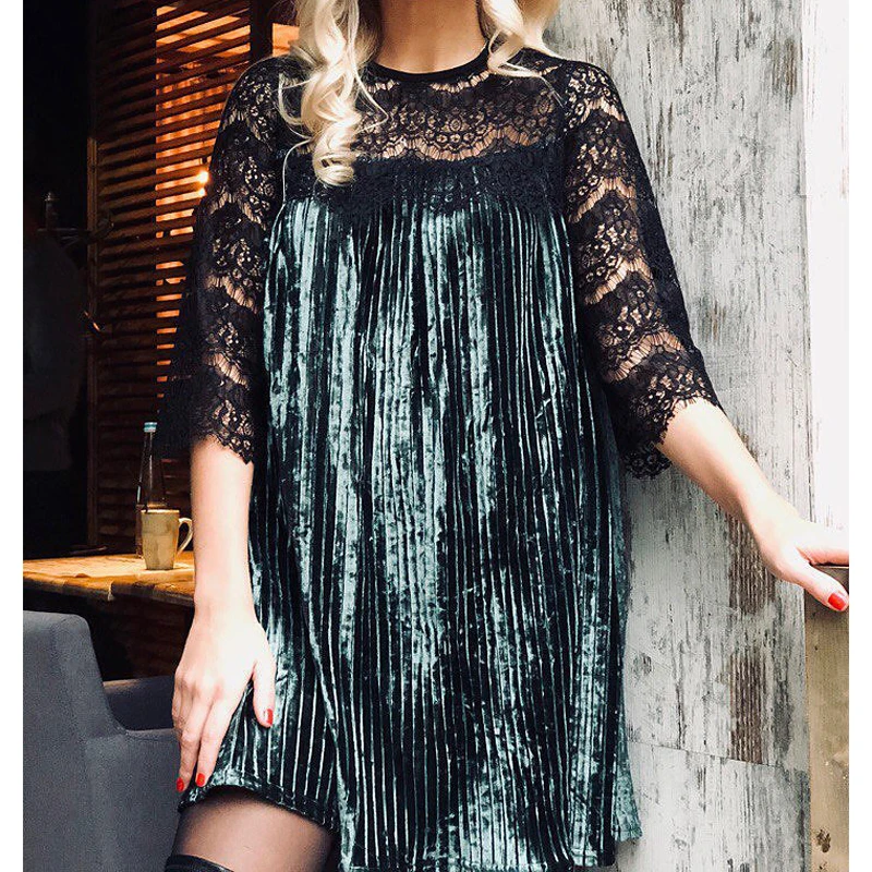 

2017 New Autumn Winter Long Sleeve Robe Lace Patchwork Loose Pleated Dress Women Party Vestidos WS4710C