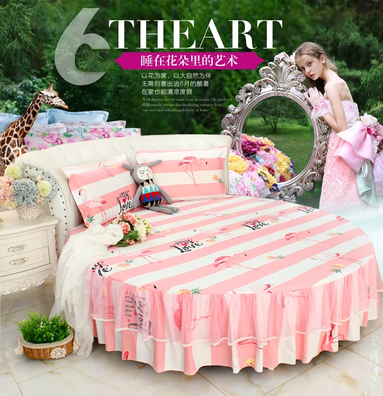 Perfect LACE ROUND Corner Bed Europe Orange color Flower Bedding sets Cotton Round Double Bed sheet Duvet cover Pillow case Bedskirt 7