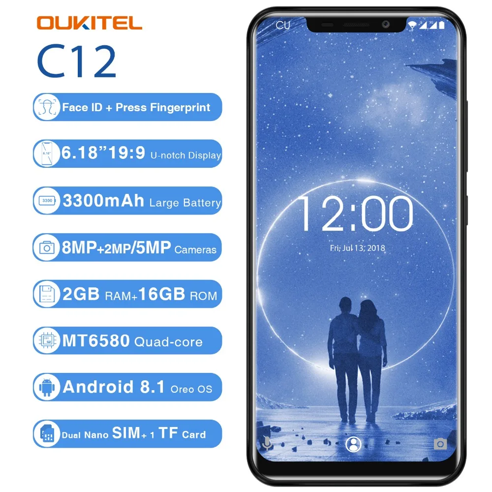 OUKITEL C12 Face ID 6,1" 19:9 смартфон с отпечатком пальца Android 8,1 мобильный телефон MTK6580 четырехъядерный 2 Гб ОЗУ 16 Гб ПЗУ 3300 мАч разблокировка