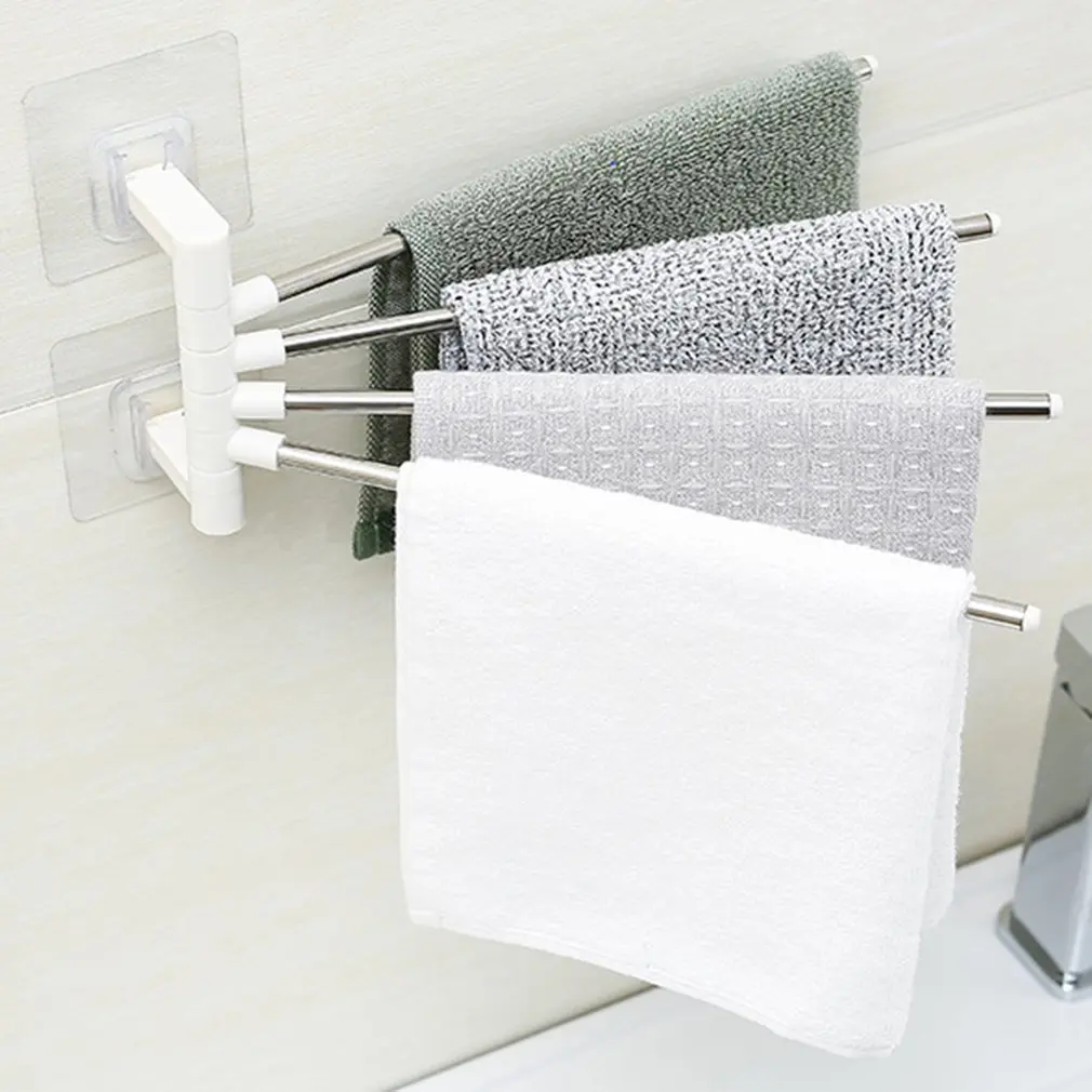 

Stainless Steel Towel Rack 4 Arms Towel Hanging Rods 180 Rotation Bathroom Towel Hanger Movable Towel Bars Free Punching